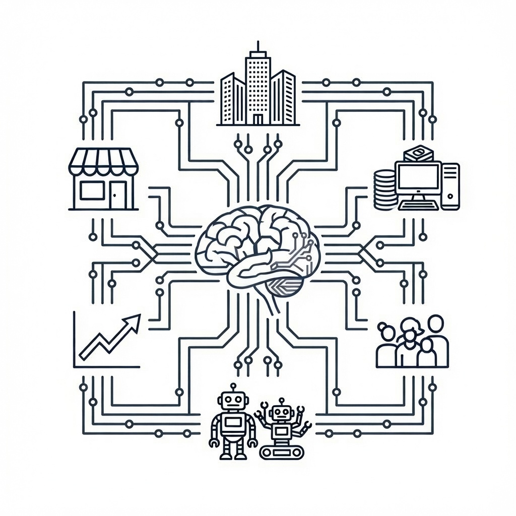 DataMind circuit-board hero artwork — data and AI systems connecting a business
