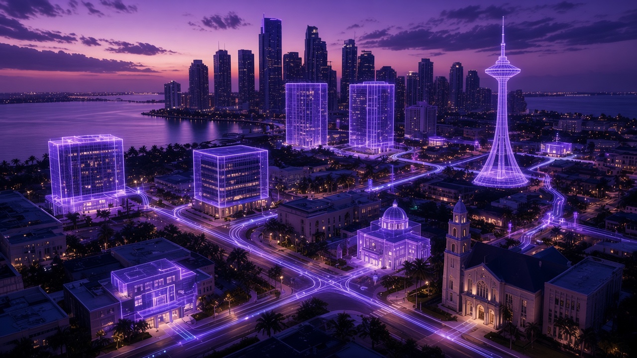 A coastal city at dusk with buildings traced as glowing purple digital twins, linked by holographic wiring