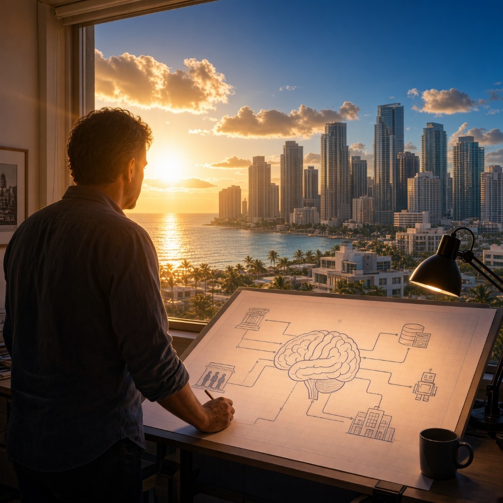 An operator at a desk overlooking the waterfront, a glowing system on the drawing board